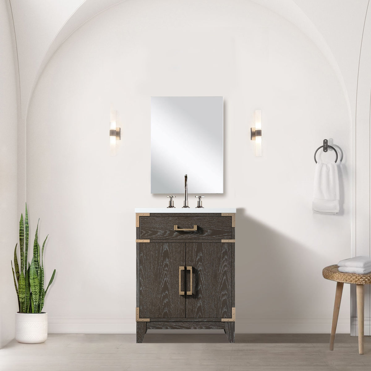 Brown Oak Single Bath Vanity 24 in. W x 18 in. D, Acrylic Top, and Faucet Set