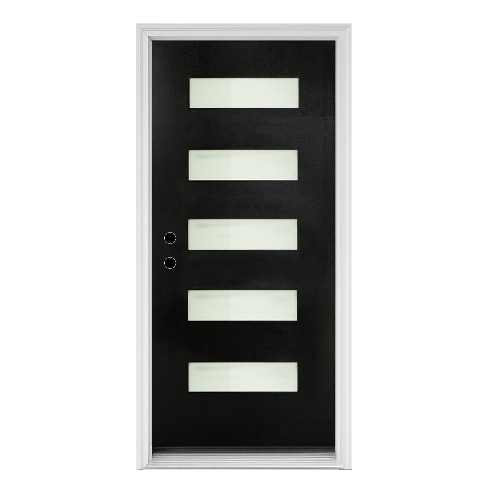 36 x 80 Fiberglass Entry Door with Brickmould, Frosted Glass, Black Finished Knock-Down Fiberglass Door - Contemporary Style for Home's Front Entrance, Right Hand Inswing with White Vinyl Frame