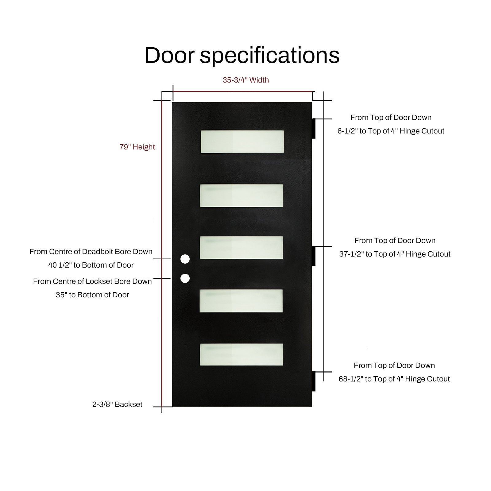 36 x 80 Fiberglass Entry Door with Brickmould, Frosted Glass, Black Finished Knock-Down Fiberglass Door - Contemporary Style for Home's Front Entrance, Right Hand Inswing with White Vinyl Frame
