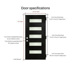 36 x 80 Fiberglass Entry Door with Brickmould, Frosted Glass, Black Finished Knock-Down Fiberglass Door - Contemporary Style for Home's Front Entrance, Right Hand Inswing with White Vinyl Frame