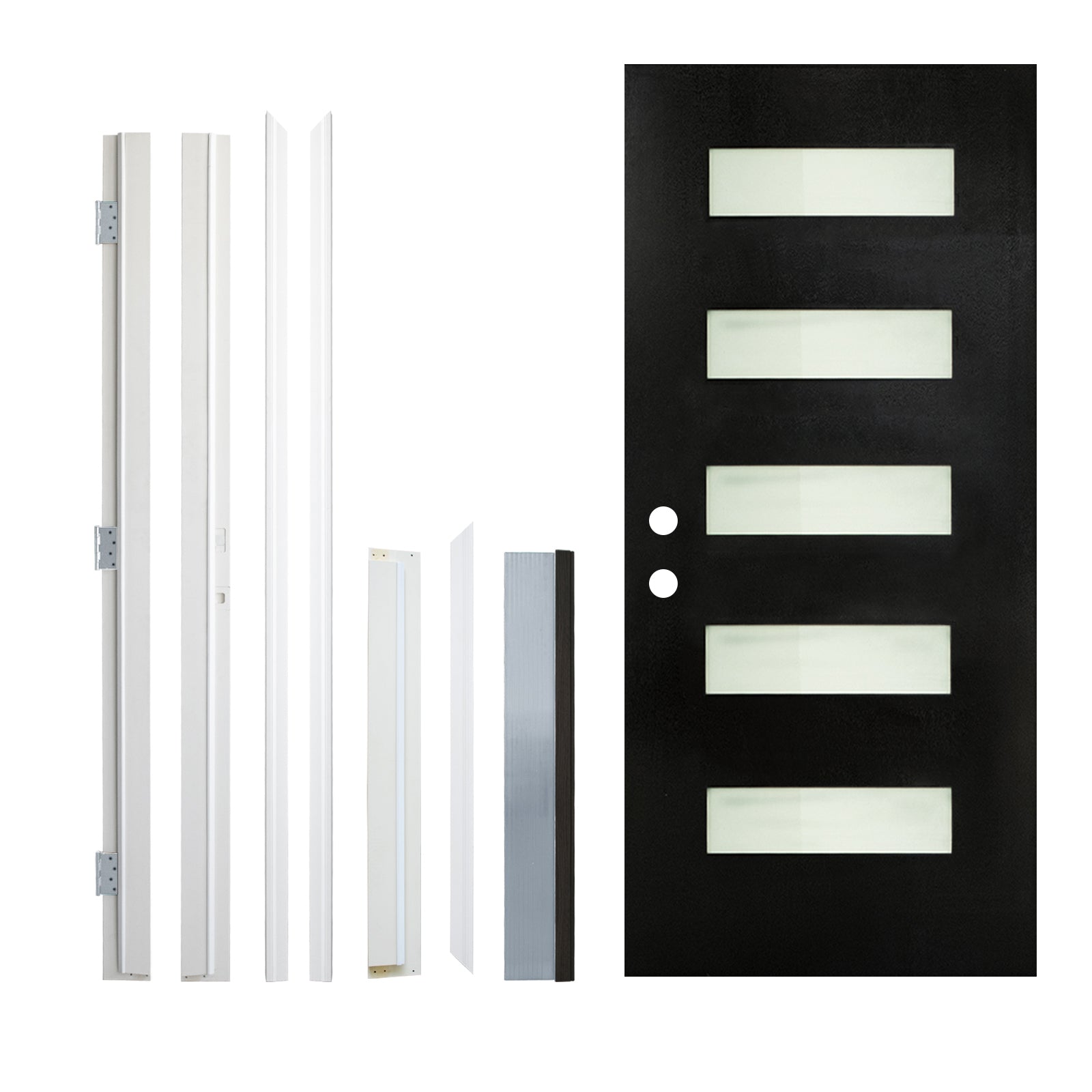 36 x 80 Fiberglass Entry Door with Brickmould, Frosted Glass, Black Finished Knock-Down Fiberglass Door - Contemporary Style for Home's Front Entrance, Right Hand Inswing with White Vinyl Frame