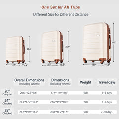 Luggage Sets 4 Piece,  ABS Durable Suitcase with Travel Bag, Carry On Luggage Suitcase Set with 360° Spinner Wheels, ivory and brown