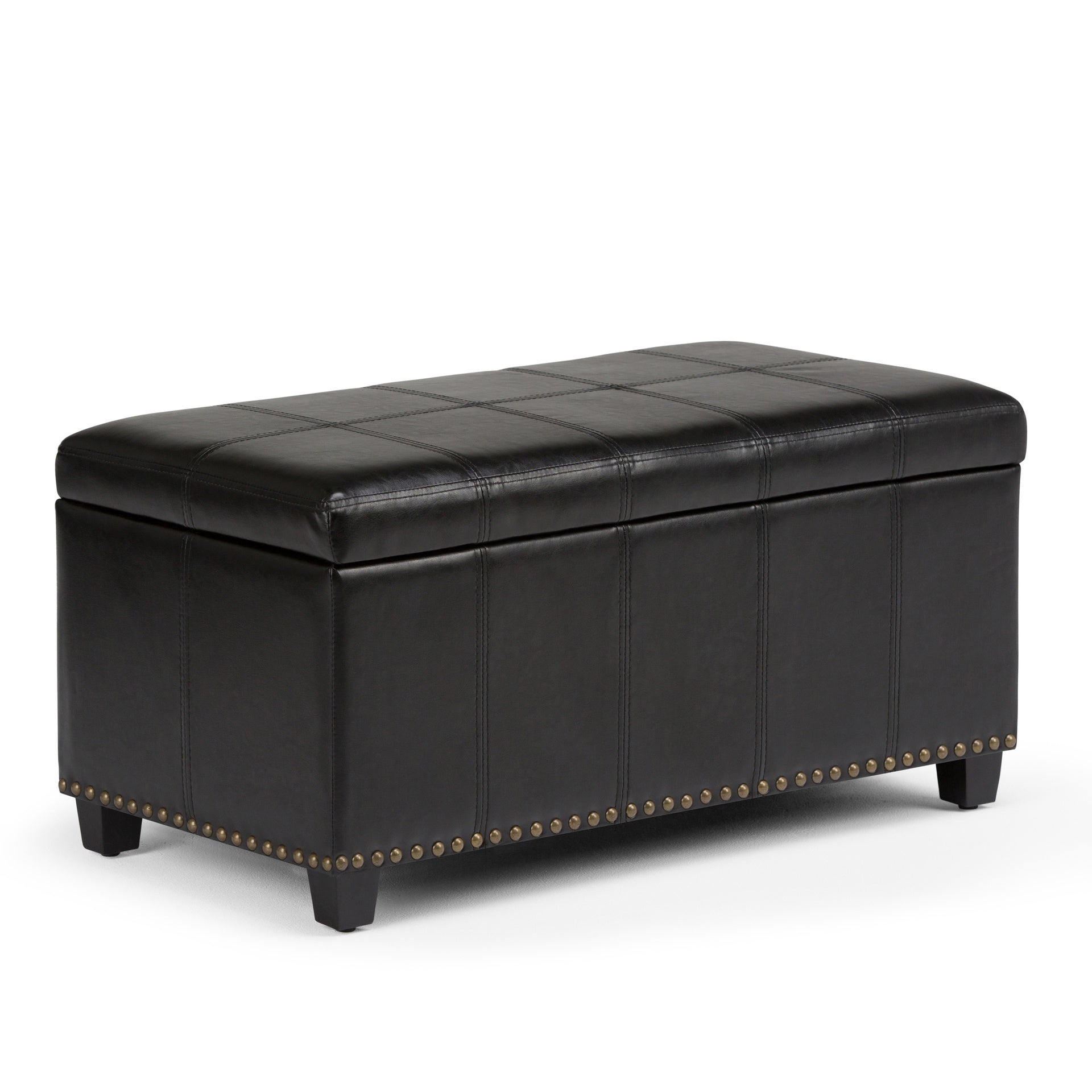 Amelia 33 inch Wide Storage Ottoman Bench in Midnight Black Vegan Leather