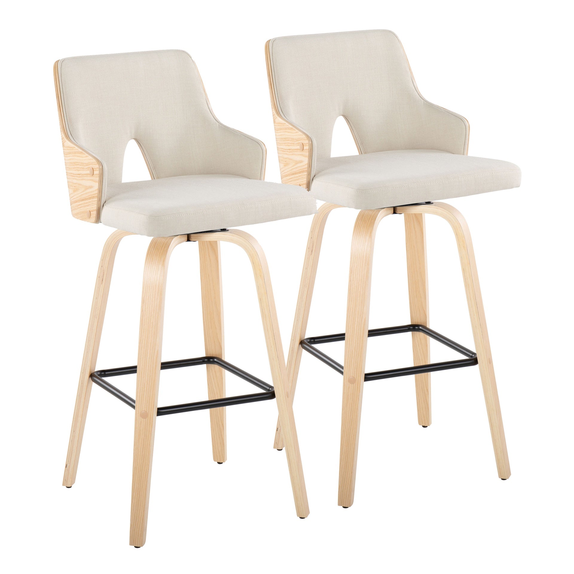 Stella 30" Contemporary Fixed-Height Barstool with Swivel in Natural Wood, Cream Fabric and Square Black Metal Footrest by LumiSource - Set of 2