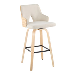 Stella 30" Contemporary Fixed-Height Barstool with Swivel in Natural Wood, Cream Fabric and Square Black Metal Footrest by LumiSource - Set of 2