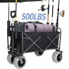 Fishing Cart with Rod Holders,Beach Wagon with Big Wheels for Sand 500lbs Capacity - All Terrain Steel Frame Utility Cart with 9" Pneumatic Tires,Strap with multiuse Bag,Black