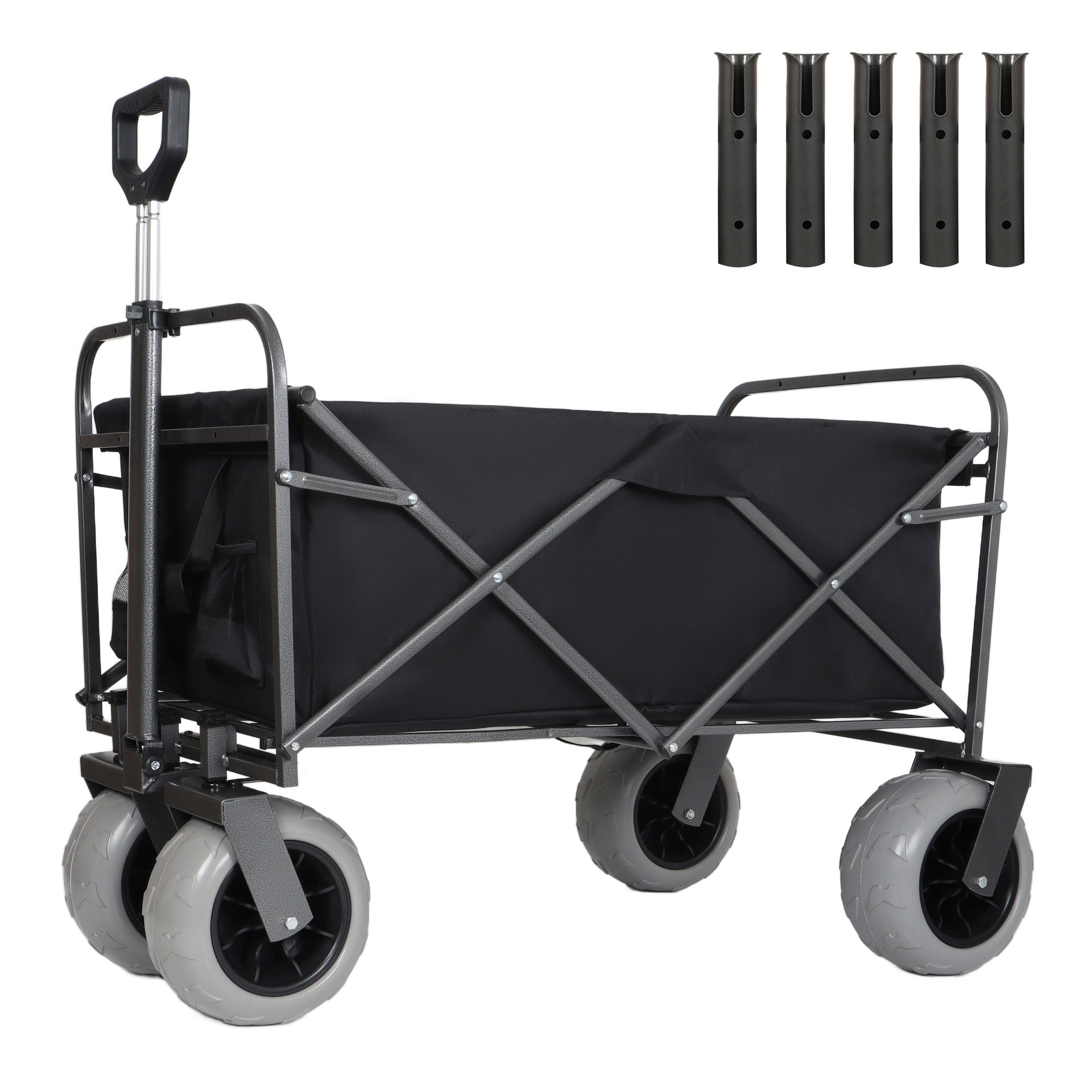 Fishing Cart with Rod Holders,Beach Wagon with Big Wheels for Sand 500lbs Capacity - All Terrain Steel Frame Utility Cart with 9" Pneumatic Tires,Strap with multiuse Bag,Black