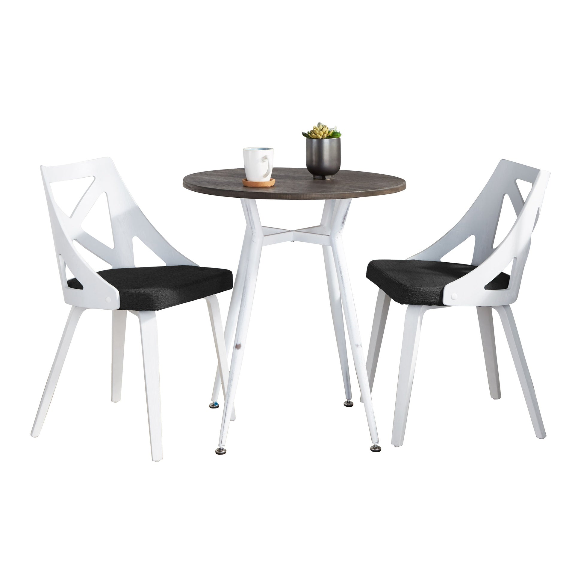 Clara-Charlotte Round Dinette Set in Vintage White Metal with Rounded Espresso Wood-Pressed Grain Bamboo Tabletop and White Textured Wood with Charcoal Fabric by LumiSource - 3 Piece