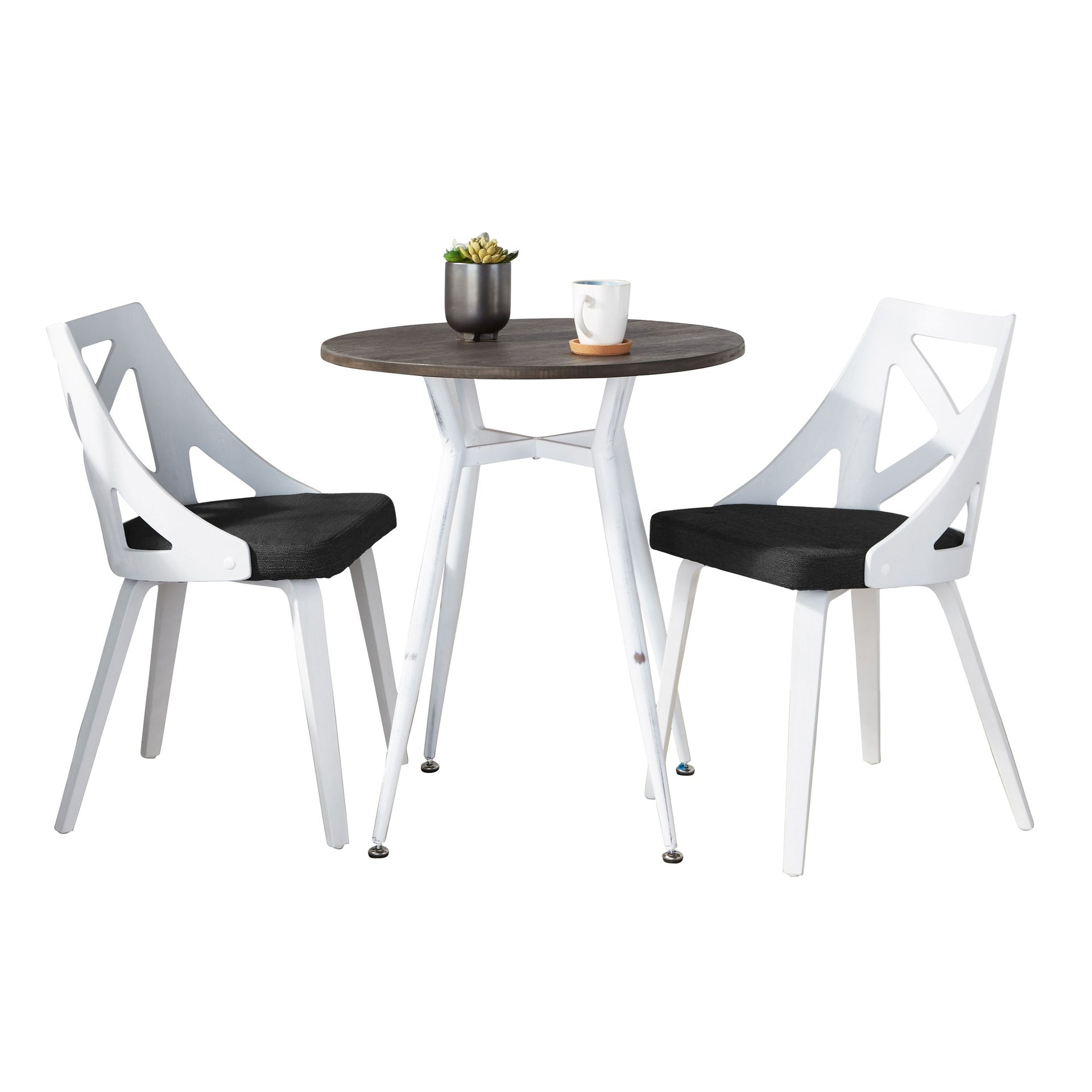 Clara-Charlotte Round Dinette Set in Vintage White Metal with Rounded Espresso Wood-Pressed Grain Bamboo Tabletop and White Textured Wood with Charcoal Fabric by LumiSource - 3 Piece
