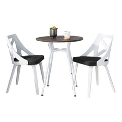 Clara-Charlotte Round Dinette Set in Vintage White Metal with Rounded Espresso Wood-Pressed Grain Bamboo Tabletop and White Textured Wood with Charcoal Fabric by LumiSource - 3 Piece