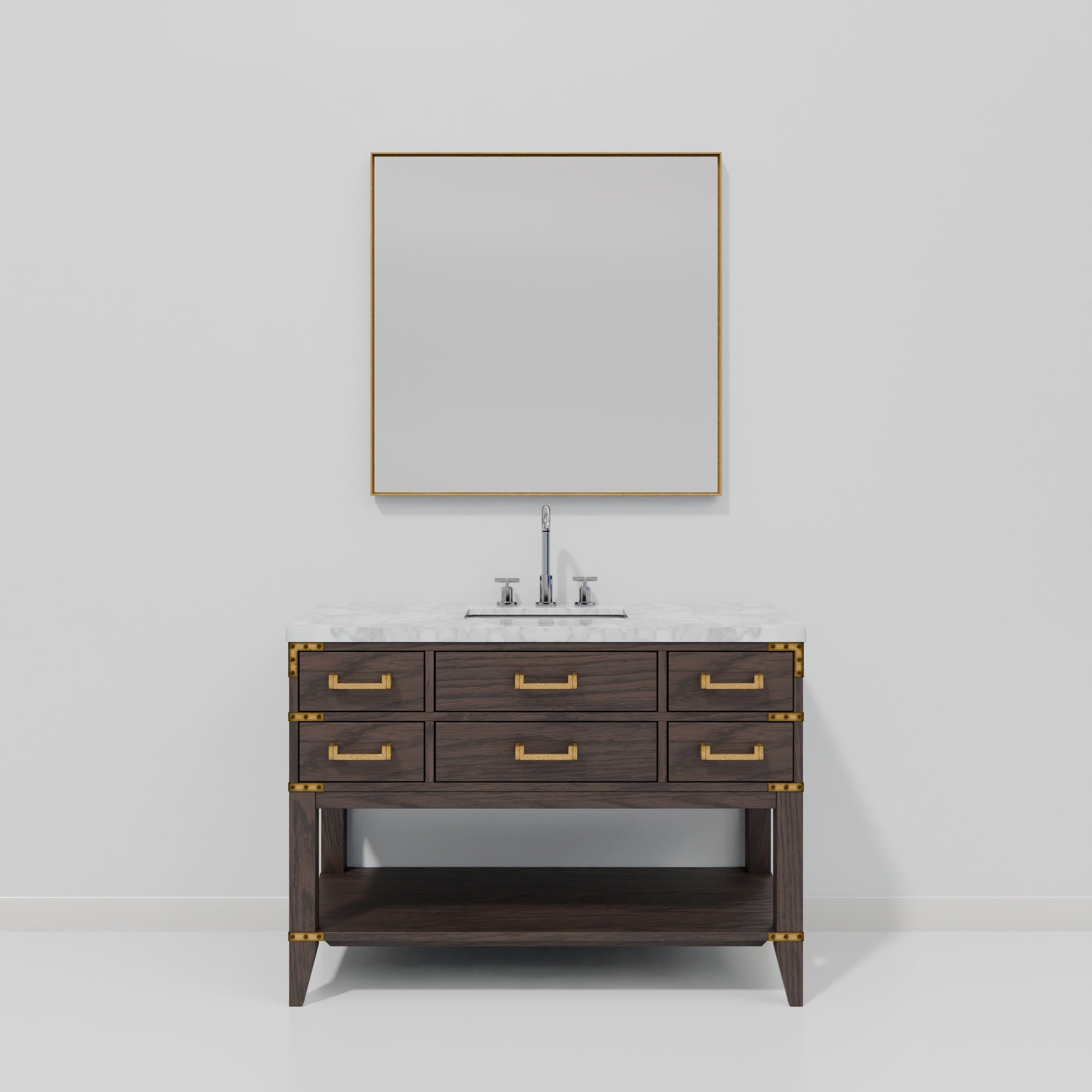 Brown Oak Single Bath Vanity 48 in. W x 22 in. D, Carrara Marble Top, Faucet Set, and 46 in. Mirror