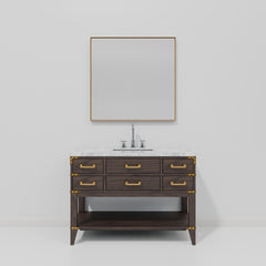 Brown Oak Single Bath Vanity 48 in. W x 22 in. D, Carrara Marble Top, Faucet Set, and 46 in. Mirror