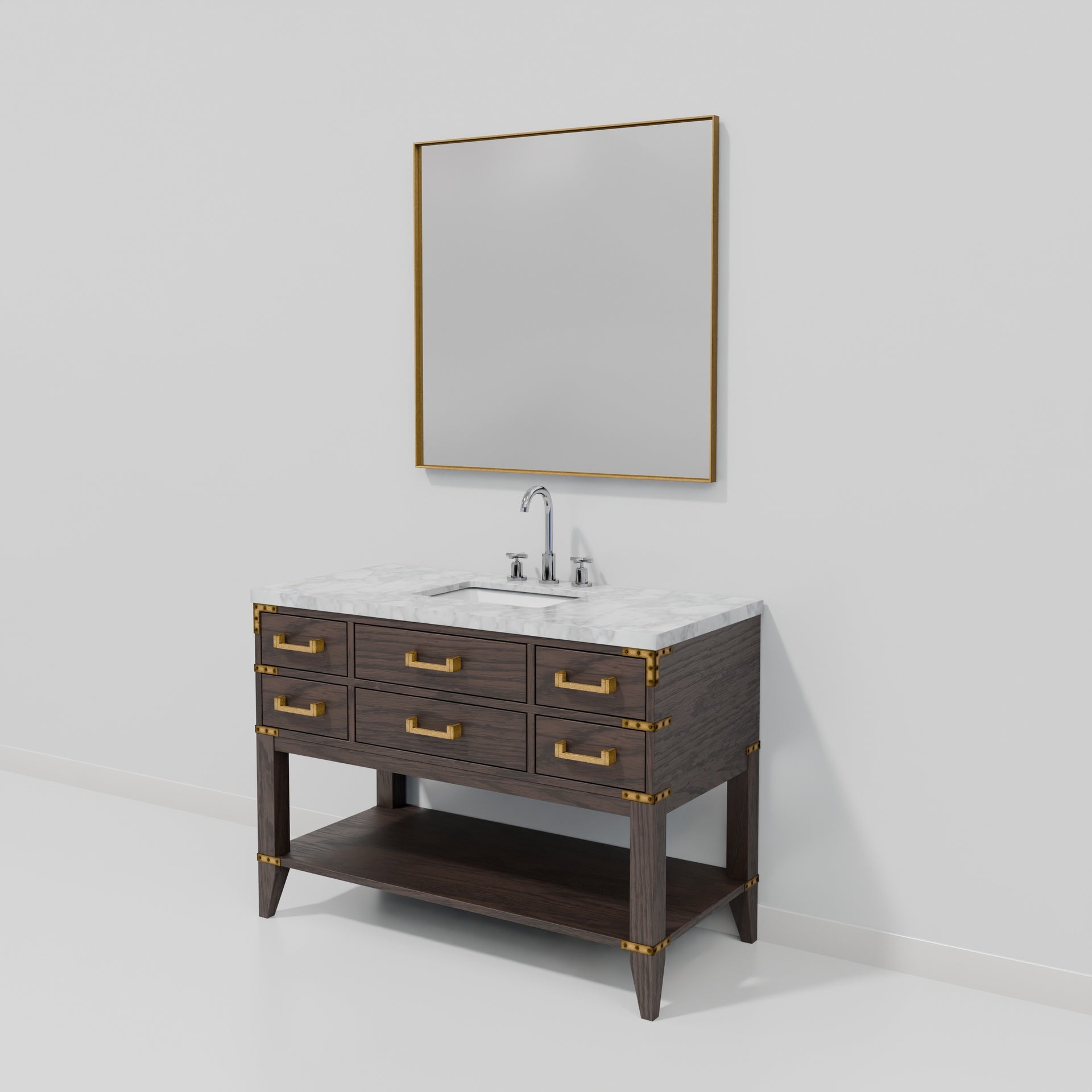 Brown Oak Single Bath Vanity 48 in. W x 22 in. D, Carrara Marble Top, Faucet Set, and 46 in. Mirror