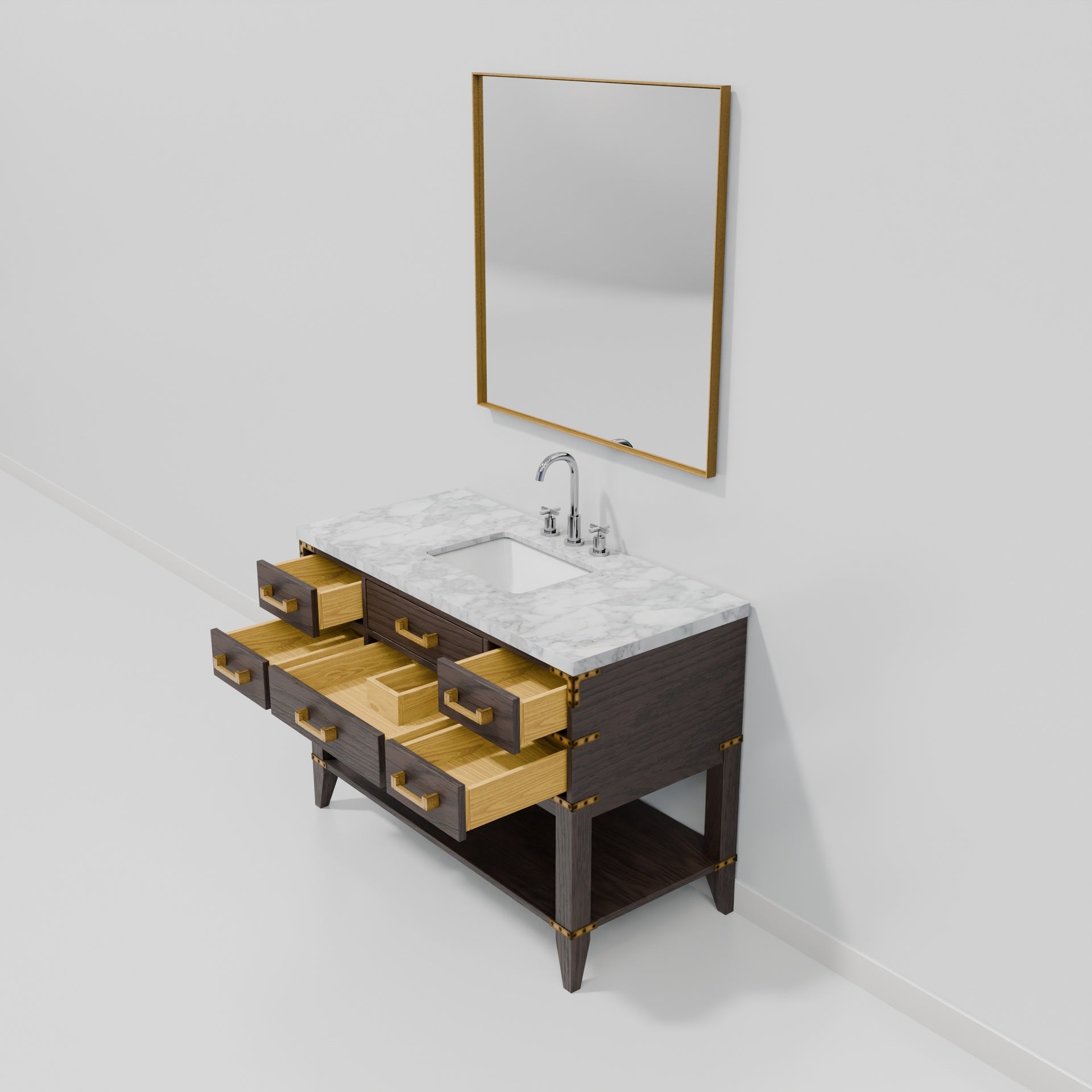 Brown Oak Single Bath Vanity 48 in. W x 22 in. D, Carrara Marble Top, Faucet Set, and 46 in. Mirror