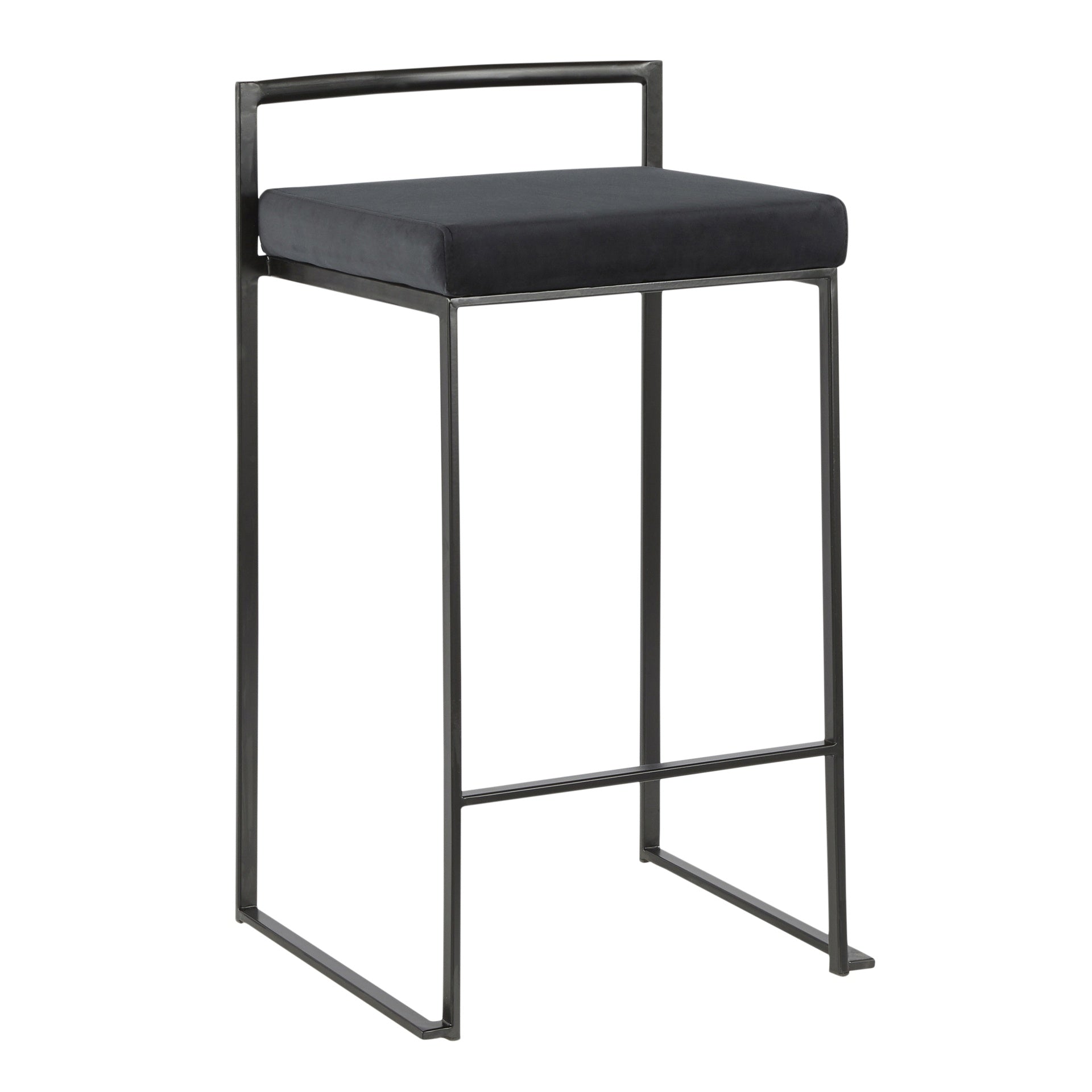 Fuji 26" Contemporary Stackable Counter Stool in Black Metal with Black Velvet Cushion by LumiSource - Set of 3