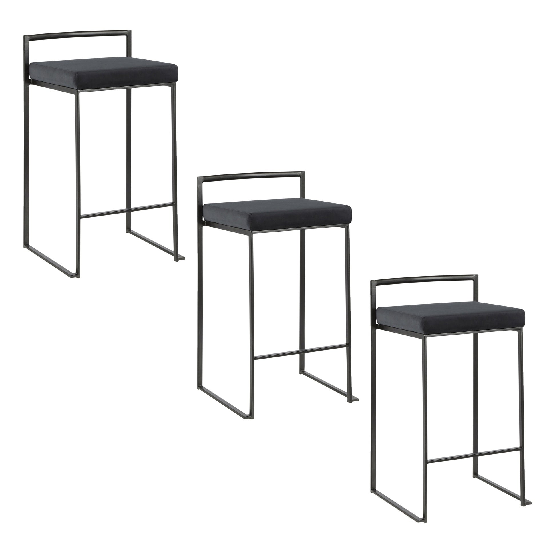 Fuji 26" Contemporary Stackable Counter Stool in Black Metal with Black Velvet Cushion by LumiSource - Set of 3