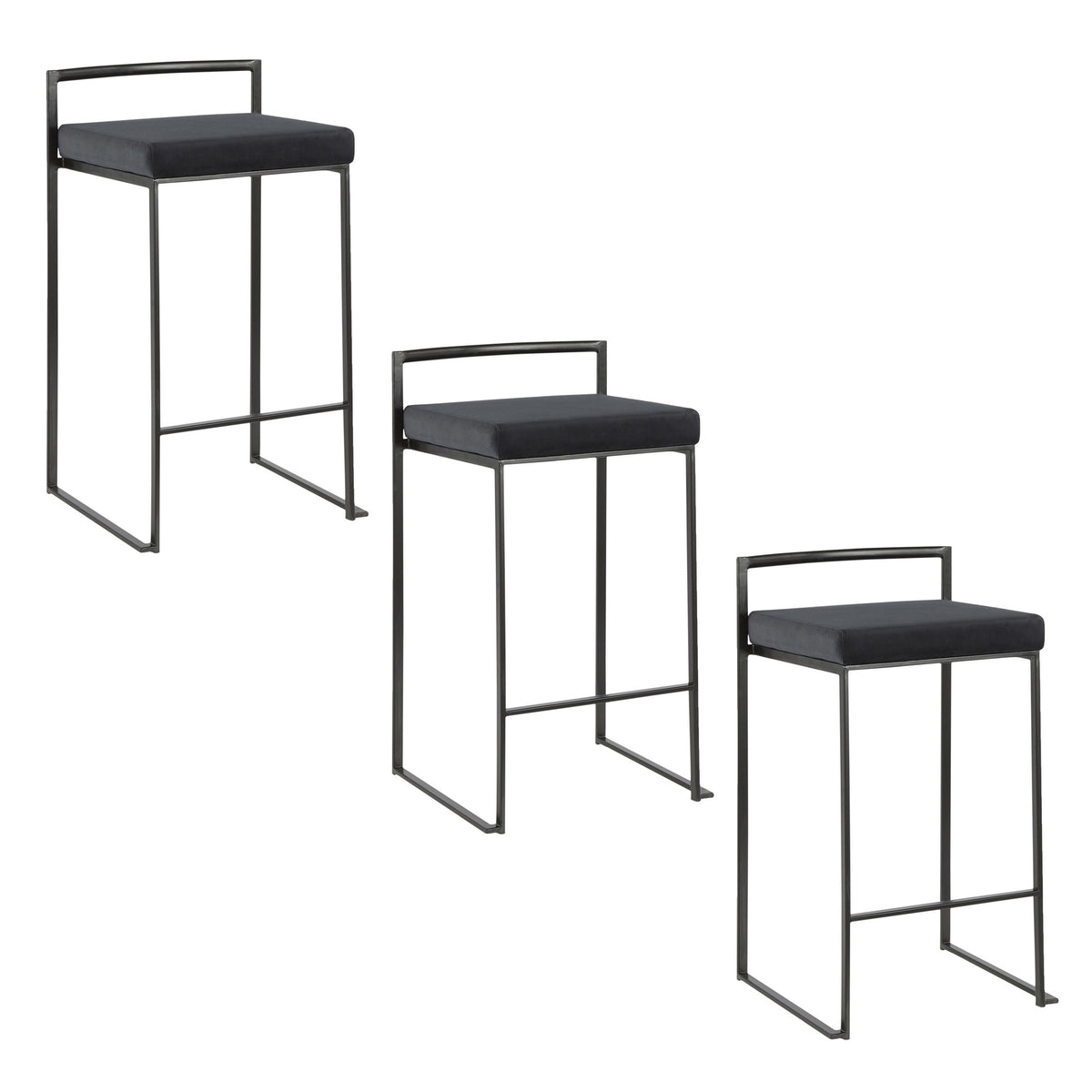 Fuji 26" Contemporary Stackable Counter Stool in Black Metal with Black Velvet Cushion by LumiSource - Set of 3