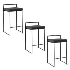 Fuji 26" Contemporary Stackable Counter Stool in Black Metal with Black Velvet Cushion by LumiSource - Set of 3