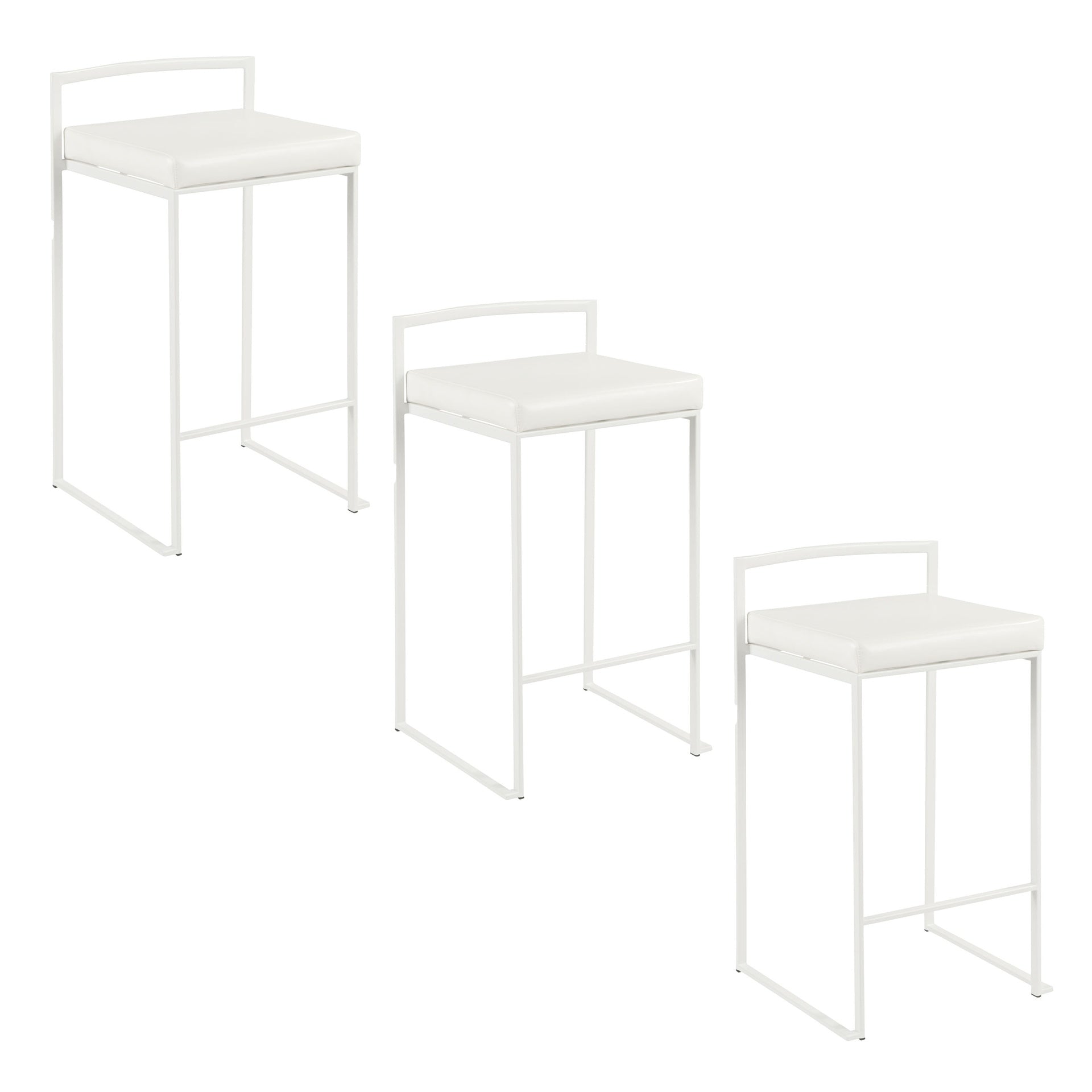 Fuji 26" Contemporary Stackable Counter Stool in White Metal with White Faux Leather Cushion by LumiSource - Set of 3
