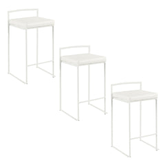 Fuji 26" Contemporary Stackable Counter Stool in White Metal with White Faux Leather Cushion by LumiSource - Set of 3