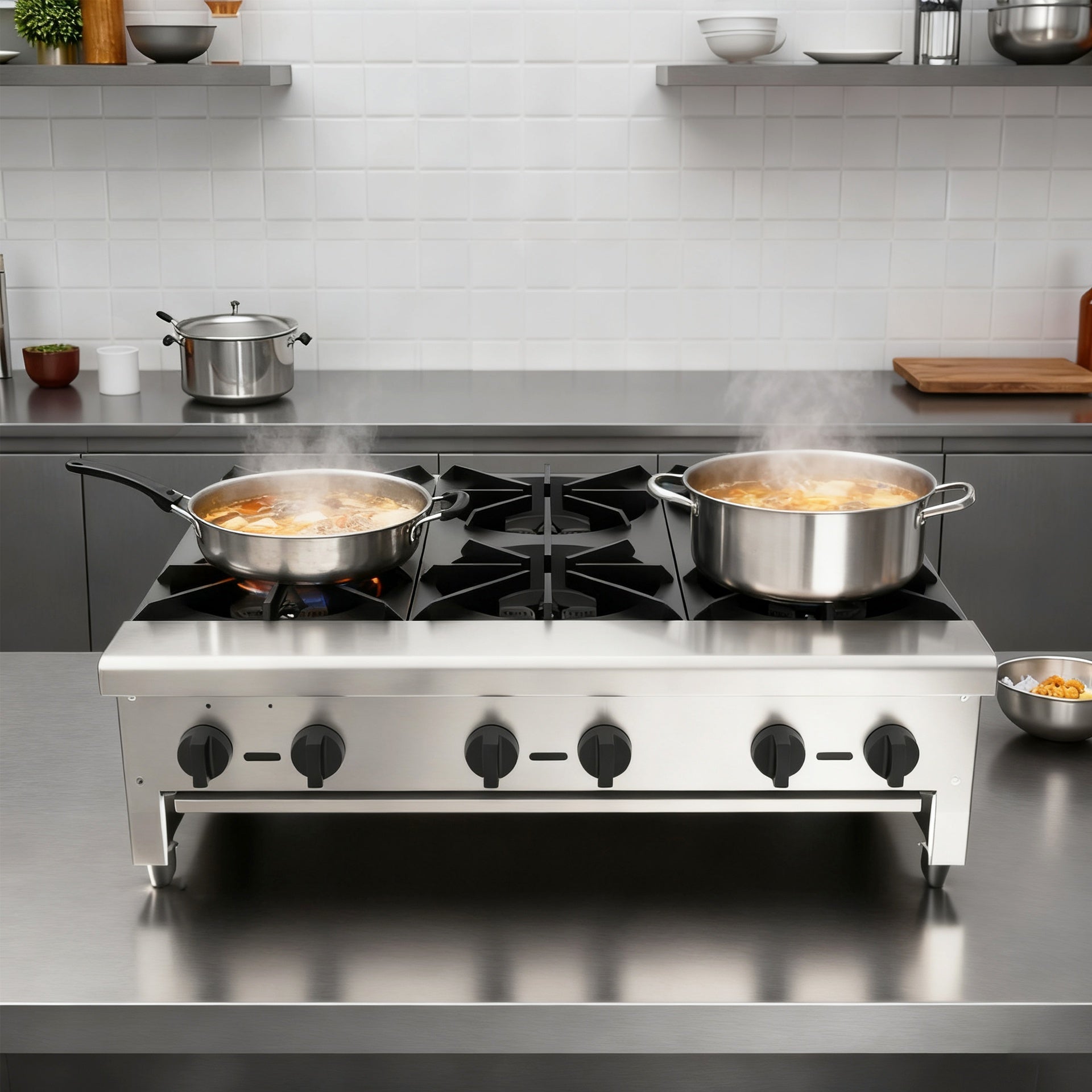 Commercial Gas Stove with 6 Burners, Propane and Natural Gas Countertop Cooking Stove Range, Stainless Steel Gas Hot Plate, Commercial Cooking Equipment for Restaurant, 168,000 BTU