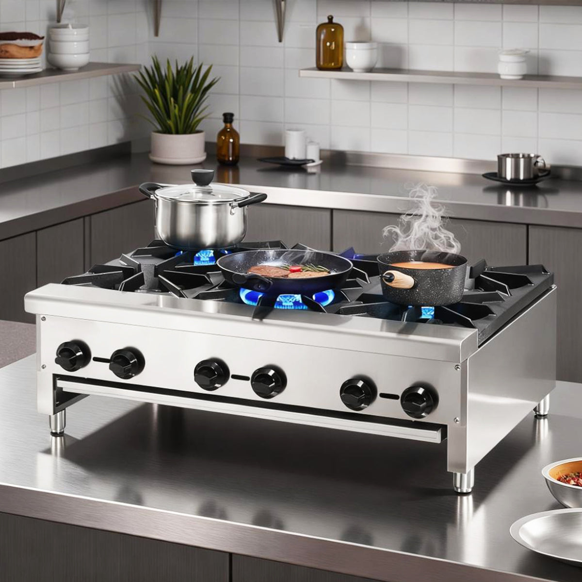 Commercial Gas Stove with 6 Burners, Propane and Natural Gas Countertop Cooking Stove Range, Stainless Steel Gas Hot Plate, Commercial Cooking Equipment for Restaurant, 168,000 BTU