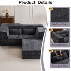 Compression Mahjong Sofa,Convertible Floor Sofa Bed,DIY Boneless Modular Sectional Sofa,No Assembly Required,Circle fleece fabric,Oversized 2 Seater with 1 Ottoman,Dark-grey