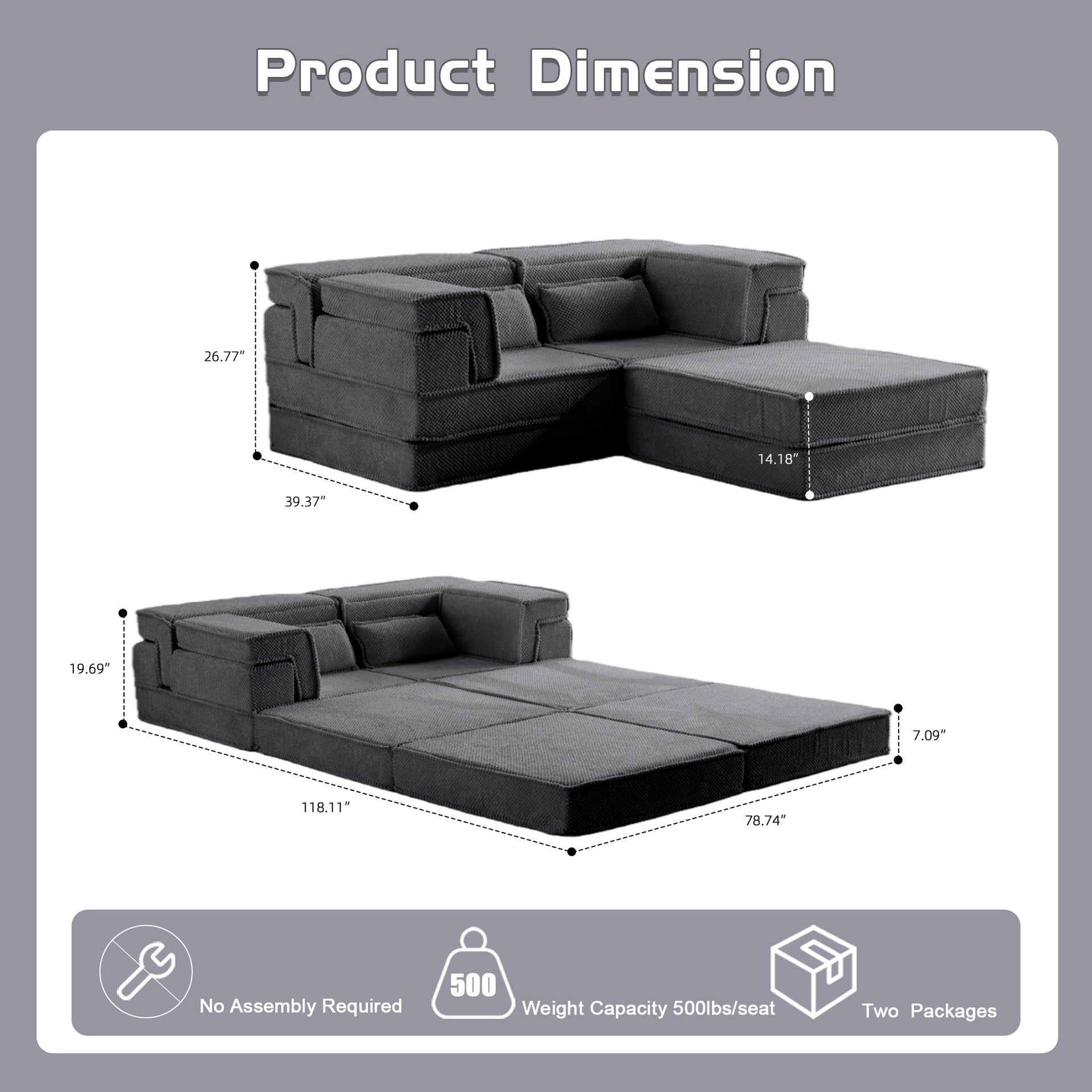 Compression Mahjong Sofa,Convertible Floor Sofa Bed,DIY Boneless Modular Sectional Sofa,No Assembly Required,Circle fleece fabric,Oversized 2 Seater with 1 Ottoman,Dark-grey