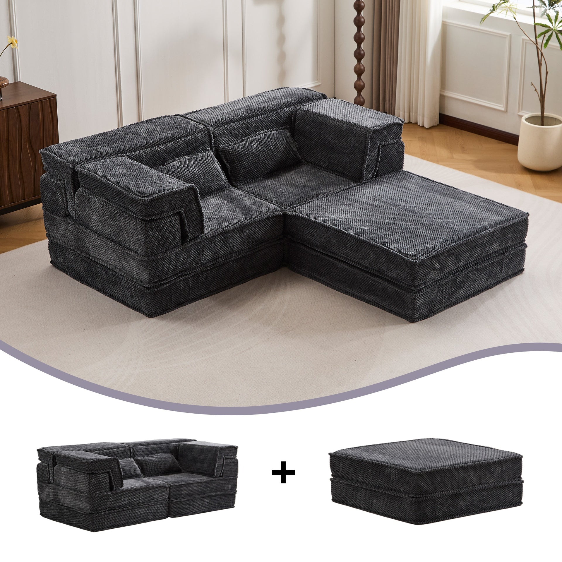 Compression Mahjong Sofa,Convertible Floor Sofa Bed,DIY Boneless Modular Sectional Sofa,No Assembly Required,Circle fleece fabric,Oversized 2 Seater with 1 Ottoman,Dark-grey