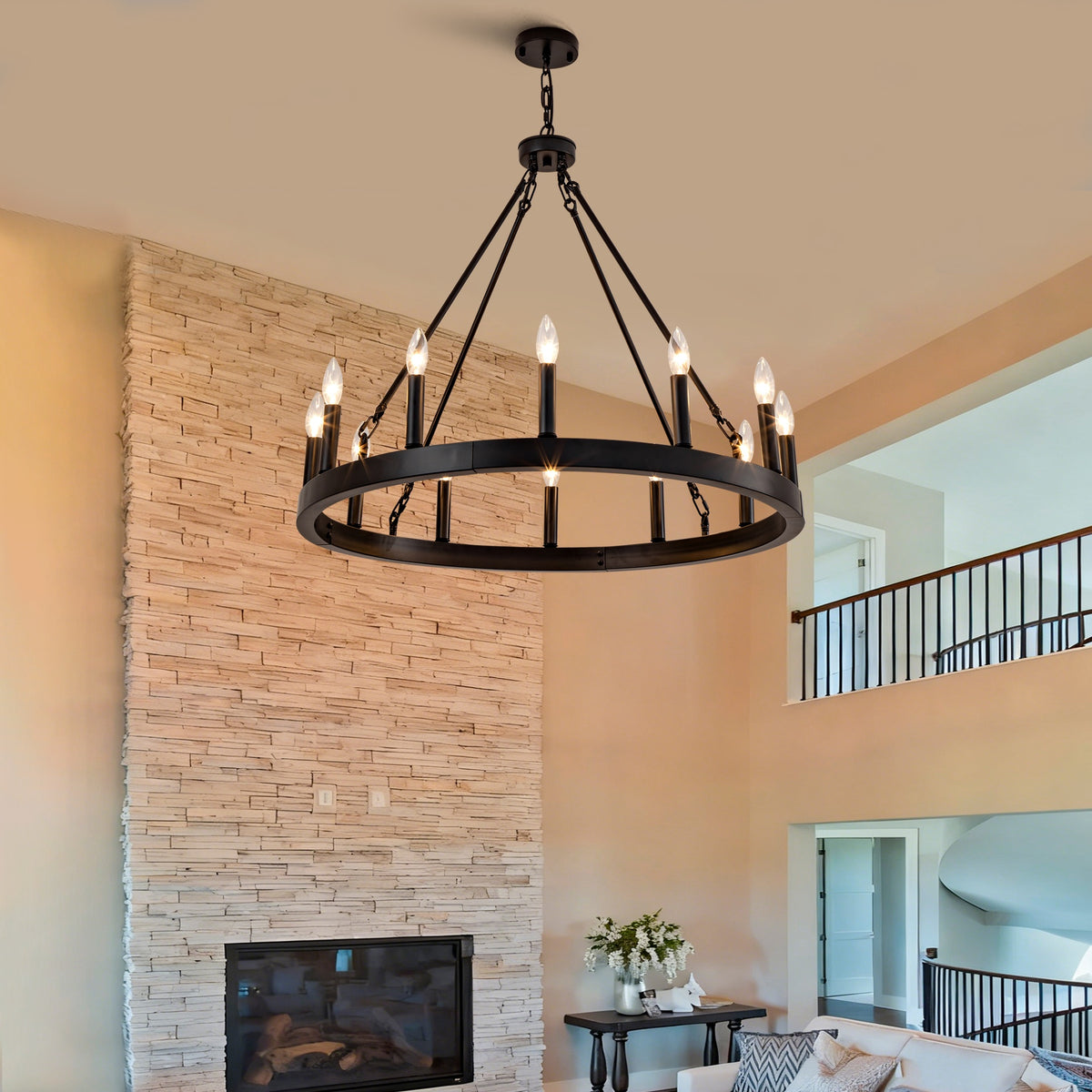 12-Light Wagon Wheel Chandelier, Farmhouse Dining Room Light Fixture, Black Round Rustic Chandeliers, Vintage Ceiling Hanging Pendant Light Fixture for Living Dining Room Bedroom Kitchen Foyer