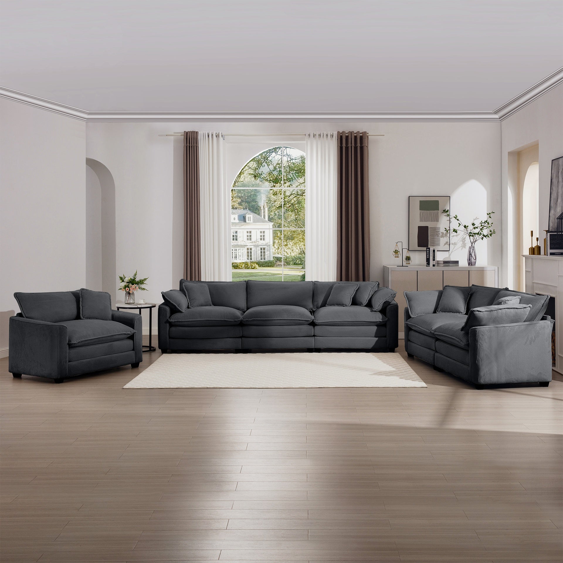 3 Piece Sectional Sofa Oversized Sectional Sofa Comfortable Sectional Sofa , One Single Sectional Sofa, One 2-Seater Sofas, One 3-Seater Sofas Grey Corduroy Deep Seat Sofa
