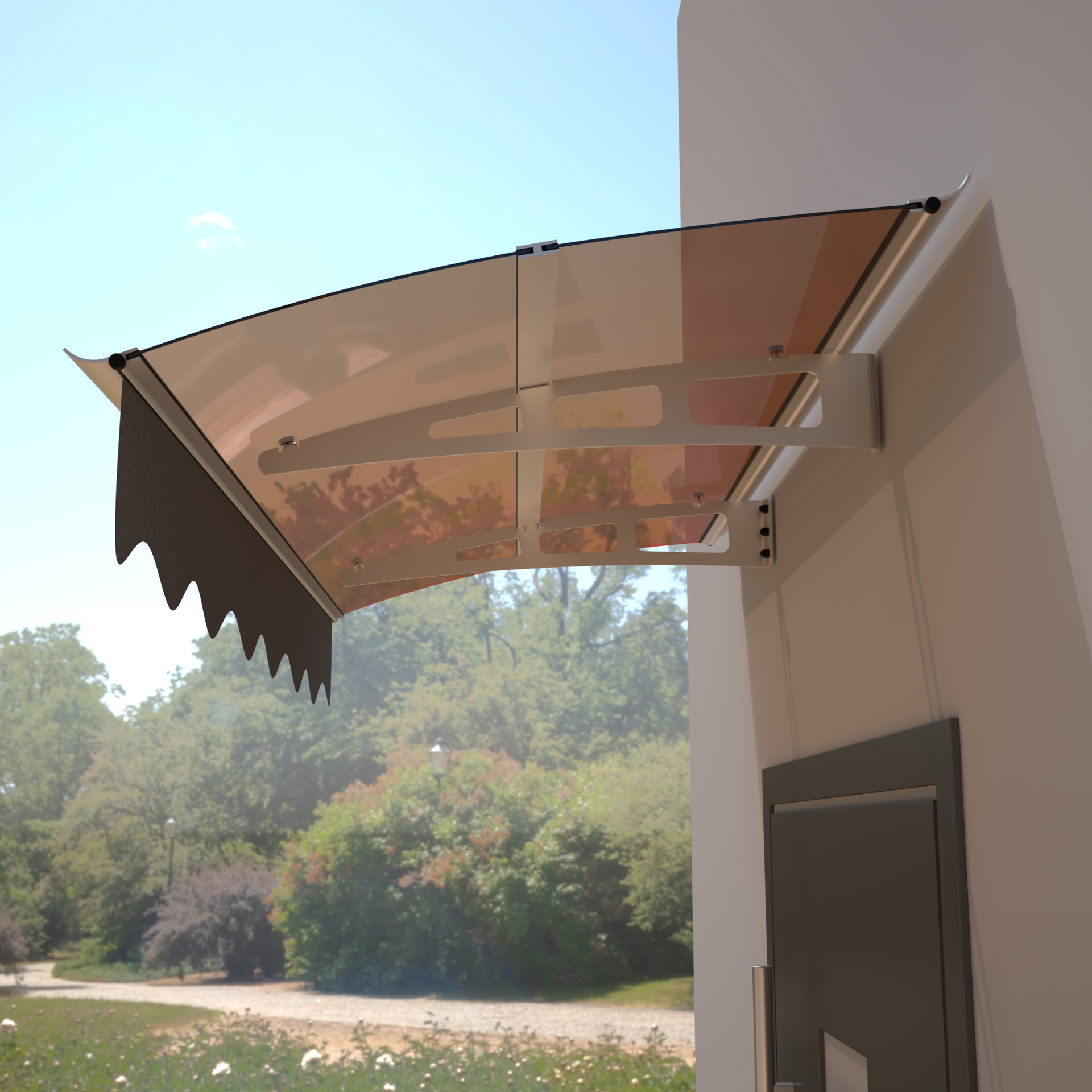 DA5934C Series Door Window Awning Made of 0.137 Inch Thick Crystal Solid Polycarbonate Sheet and Aluminum Alloy with Valance in size 59" Wide x 34" Deep for Masonry Concrete Wall House.