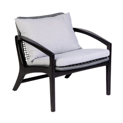 Liora Outdoor Chair in Dark Eucalyptus Wood and Gray Rope with White Cushions
