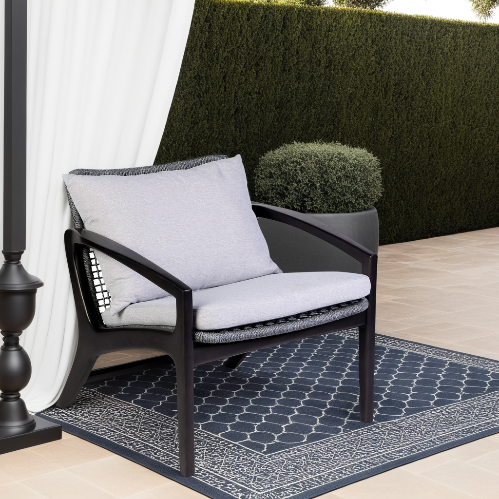 Liora Outdoor Chair in Dark Eucalyptus Wood and Gray Rope with White Cushions