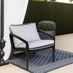 Liora Outdoor Chair in Dark Eucalyptus Wood and Gray Rope with White Cushions