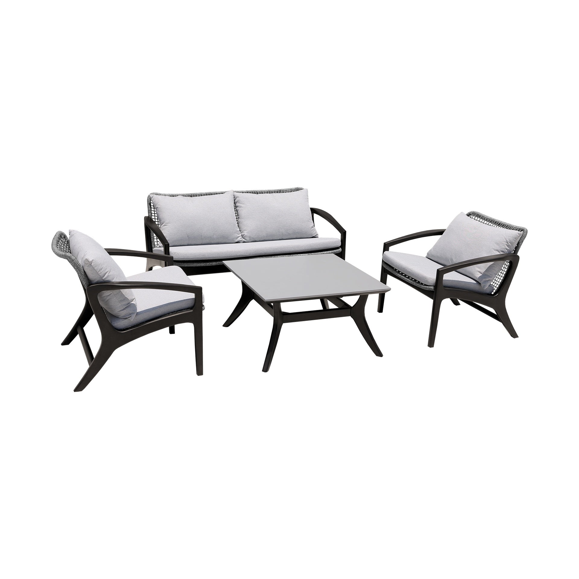 Liora Outdoor Chair in Dark Eucalyptus Wood and Gray Rope with White Cushions
