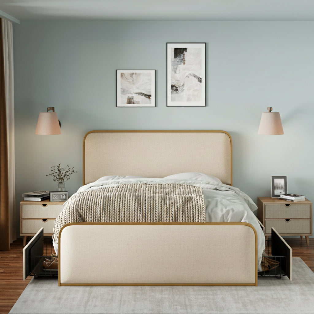 Gold Modern Metal Bed Frame with Curved Upholstered Headboard and Footboard Bed with 4 Storage Drawers, Heavy Duty Metal Slats, King Size, Beige