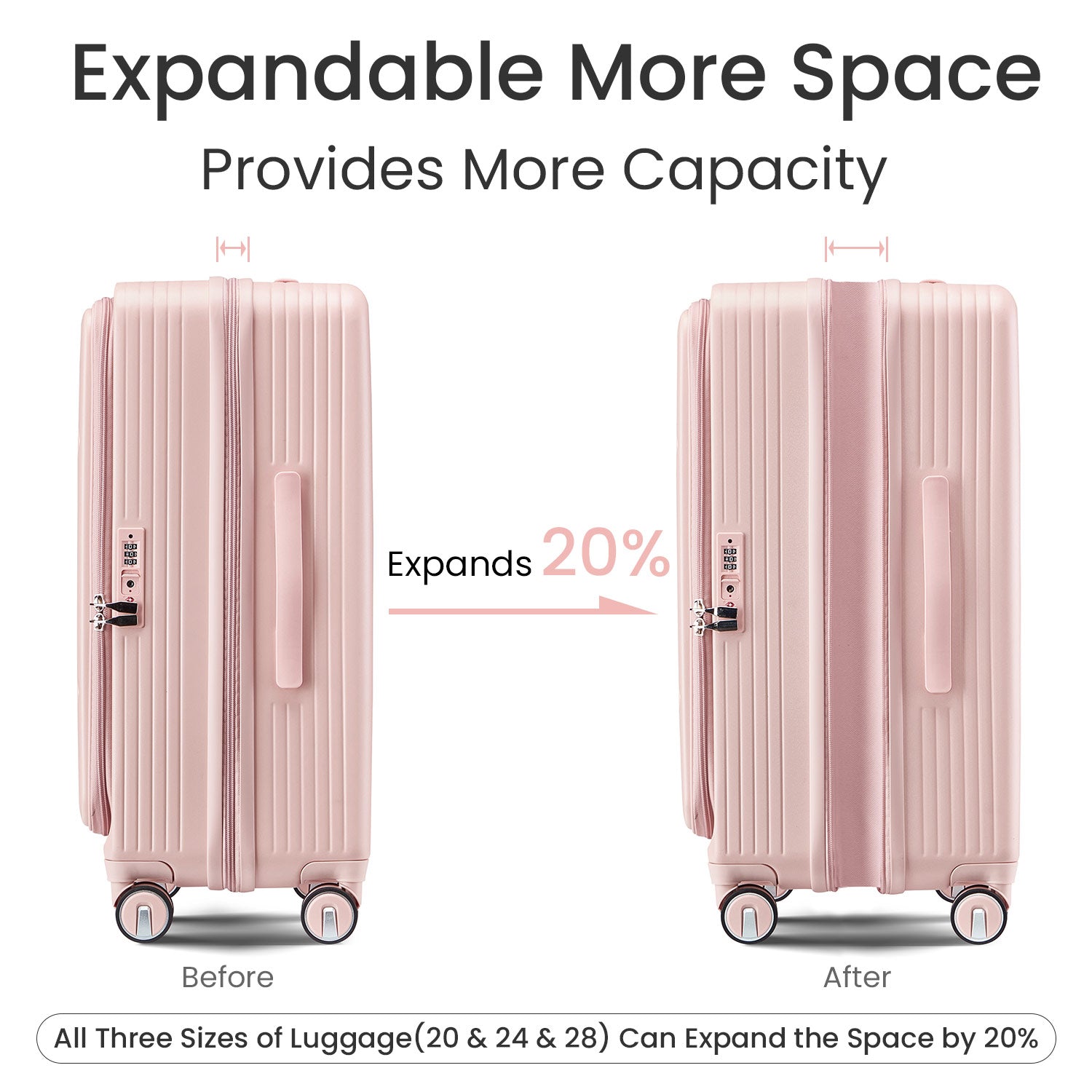 Luggage Sets 3 Piece(20/24/28), Expandable Carry On Luggage with TSA Lock Airline Approved, 100% PC Hard Shell and Lightweight Suitcase with Front Pocket and Spinner Wheels
