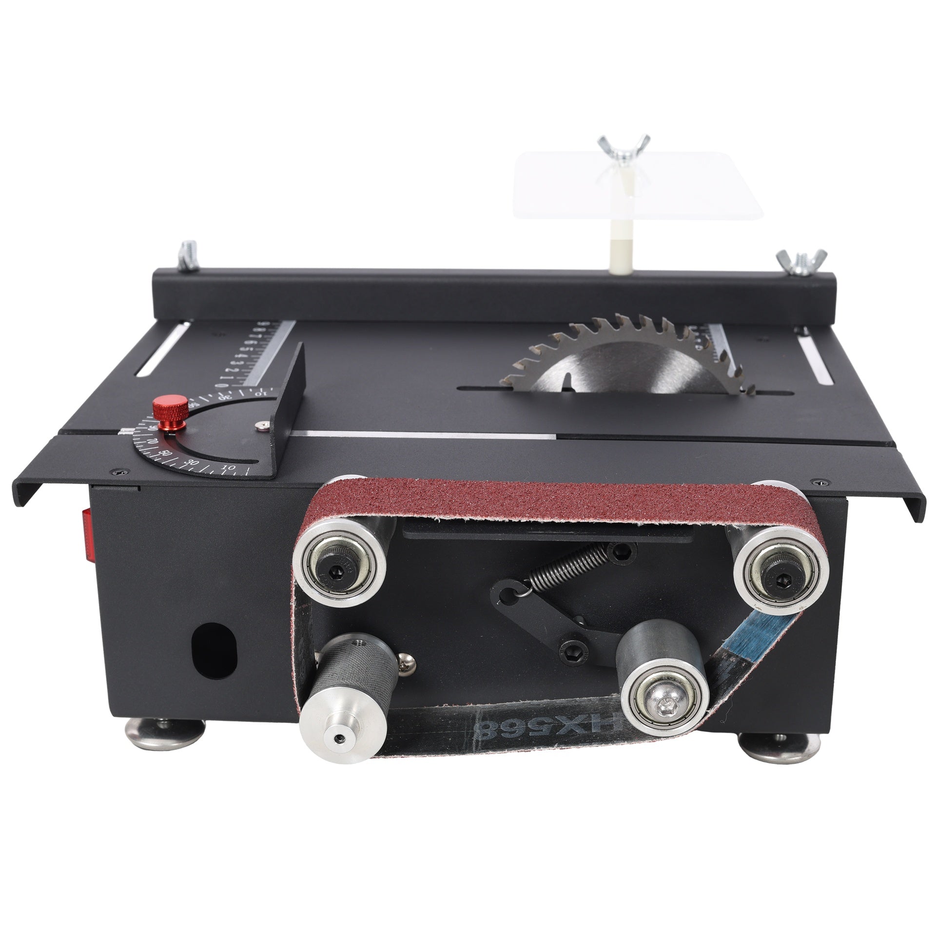 Mini Table Saw,Belt Sander,4pcs Blades,10pcs Sanding Blet,7 Gear Adjustable 0-90° Angle, Available for Wood/PCB/Acrylic/Plastic,DIY Model Crafts Cutting Tool