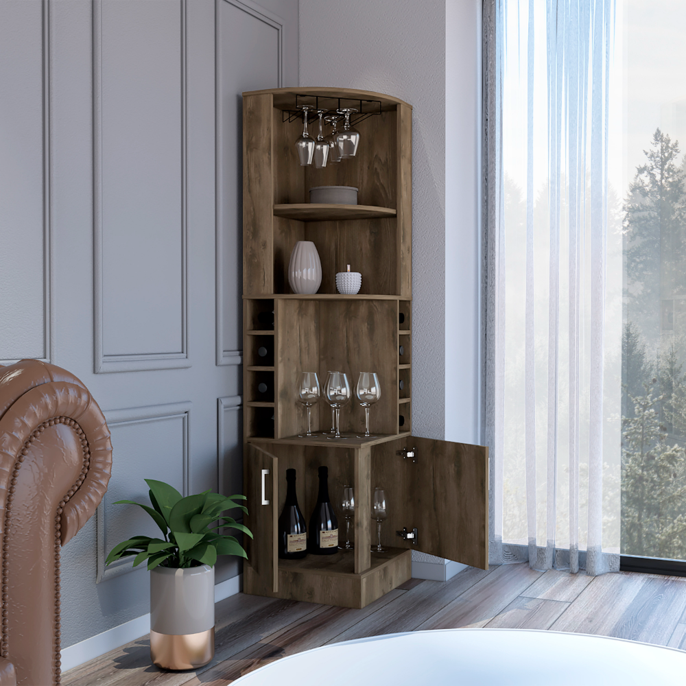 Bar cabinet 71" H, with two shelves at the top, 1 glass holder, 8 exterior bottle racks, 1 central shelf and a lower drawer with 2 side doors, Dark brown