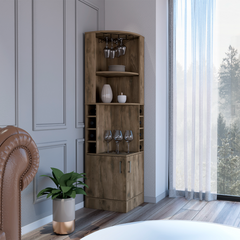 Bar cabinet 71" H, with two shelves at the top, 1 glass holder, 8 exterior bottle racks, 1 central shelf and a lower drawer with 2 side doors, Dark brown