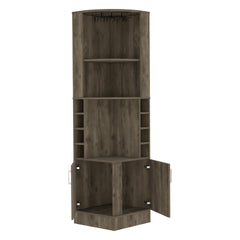 Bar cabinet 71" H, with two shelves at the top, 1 glass holder, 8 exterior bottle racks, 1 central shelf and a lower drawer with 2 side doors, Dark brown