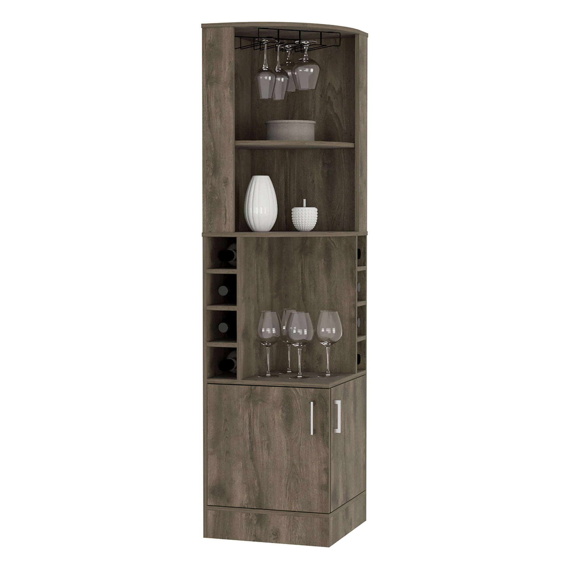 Bar cabinet 71" H, with two shelves at the top, 1 glass holder, 8 exterior bottle racks, 1 central shelf and a lower drawer with 2 side doors, Dark brown