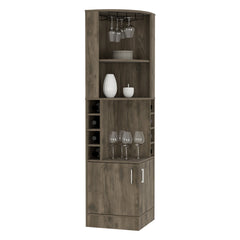 Bar cabinet 71" H, with two shelves at the top, 1 glass holder, 8 exterior bottle racks, 1 central shelf and a lower drawer with 2 side doors, Dark brown