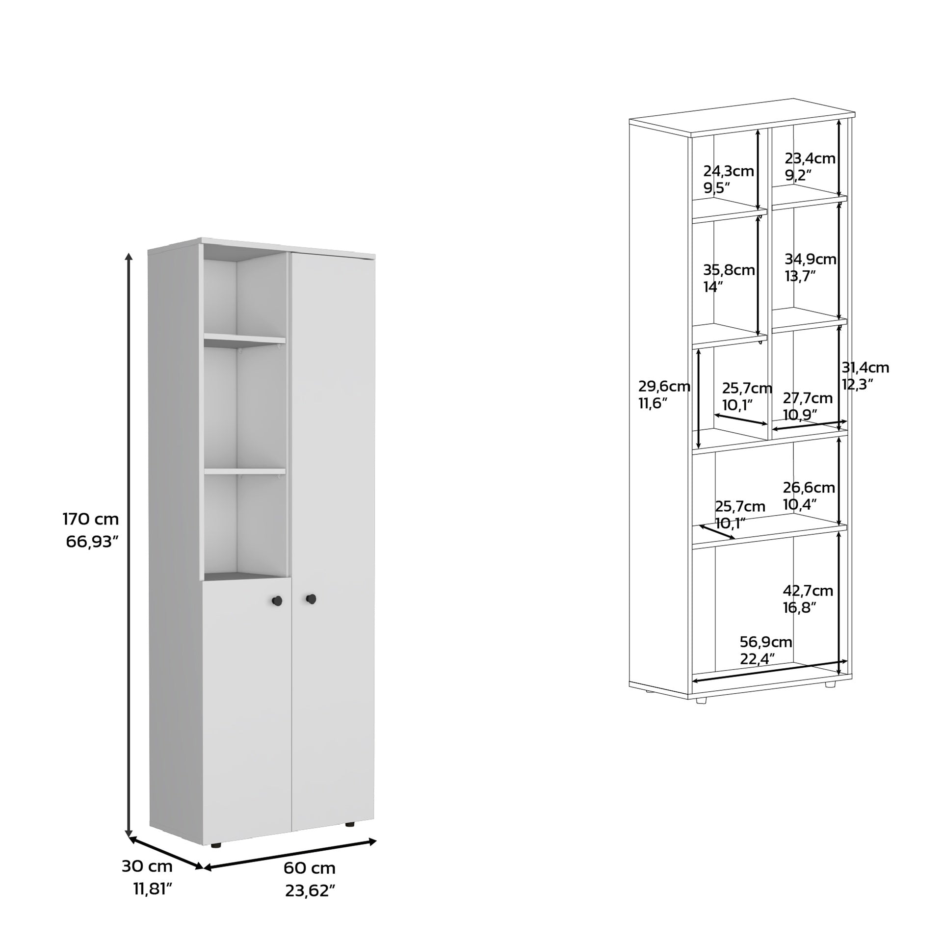 Riner Multistotage 67" H with 5-tier storage shelves and 2 doors, White