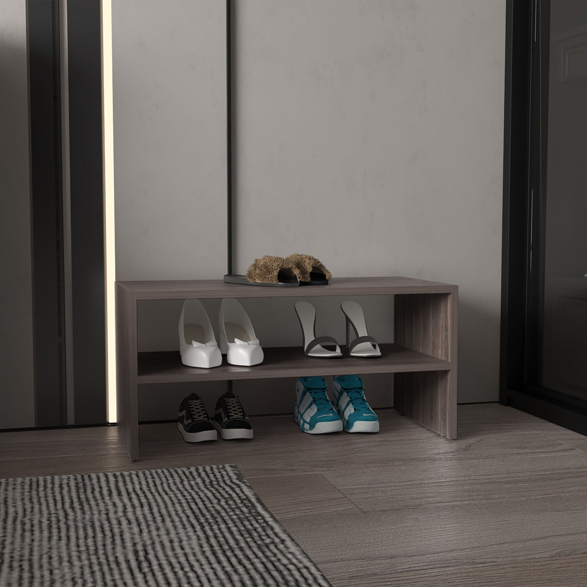 Shoe Organizer 13.7" H, 2 Shelves, Smoke Oak - Living Room