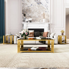 Modern Black Mirror Coffee Table,Rectangle, Asymmetrical Metal, Gold Finish & Lower Shelf, 47.5"