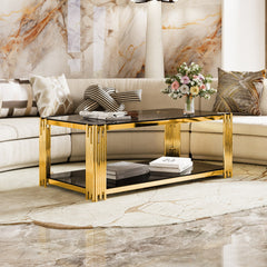 Modern Black Mirror Coffee Table,Rectangle, Asymmetrical Metal, Gold Finish & Lower Shelf, 47.5"