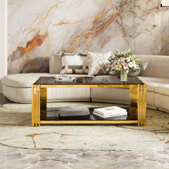 Modern Black Mirror Coffee Table,Rectangle, Asymmetrical Metal, Gold Finish & Lower Shelf, 47.5"
