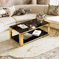 Modern Black Mirror Coffee Table,Rectangle, Asymmetrical Metal, Gold Finish & Lower Shelf, 47.5"